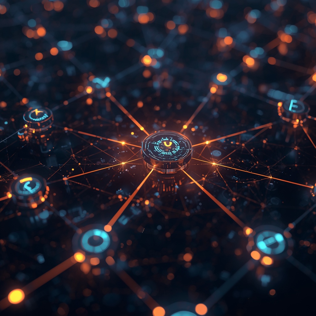 Advanced smart automation network connecting multiple devices with intelligent routing and data flow visualization - Nano Banana2 prompt: interconnected smart devices network with glowing connection lines, automated system visualization, cyberpunk tech aesthetic, abstract digital patterns, no human faces, no woman image